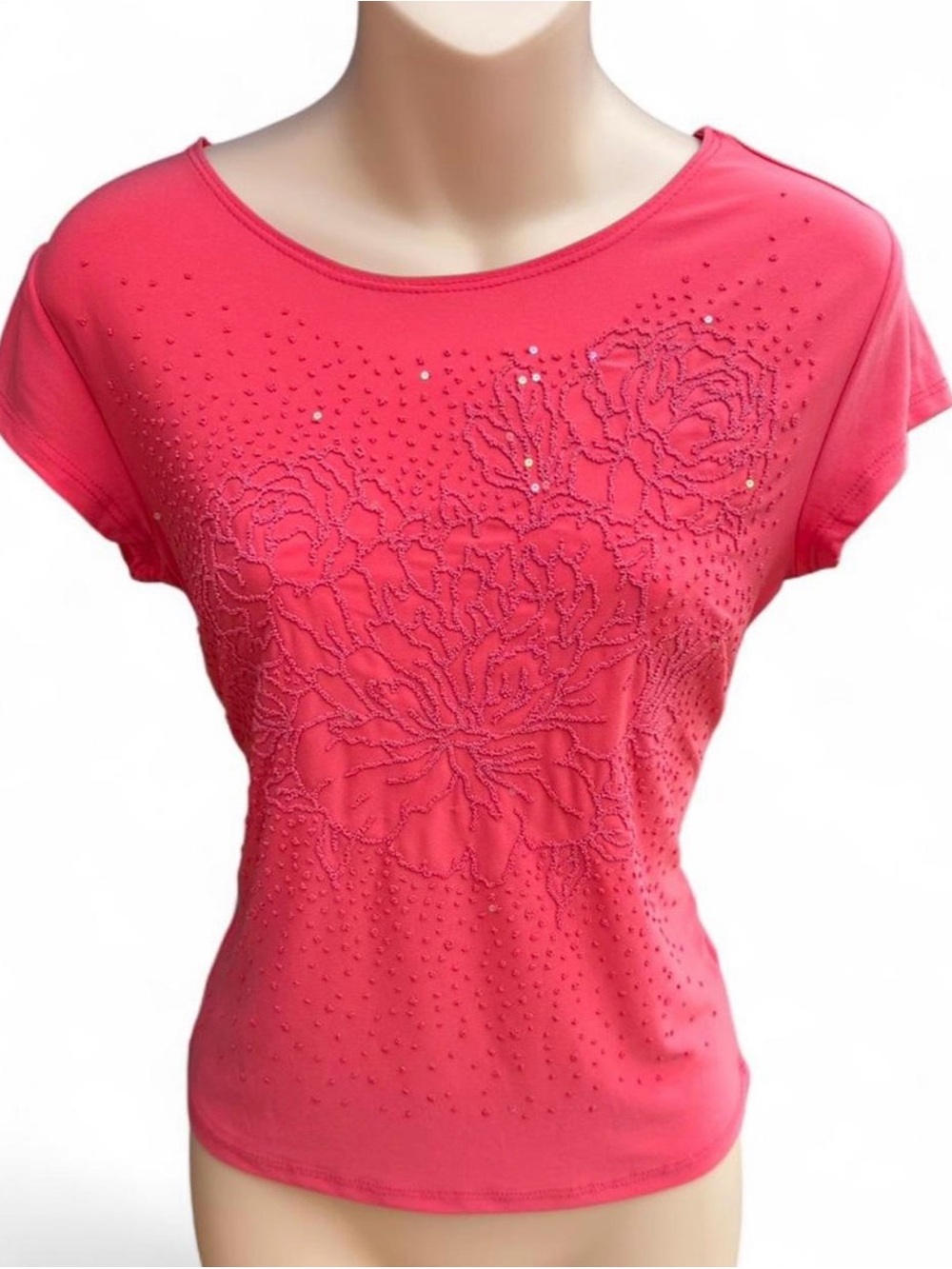 Y2K HOT PINK BEADED FLORAL TOP ✨ fairycore glam sparkly 2000s baby tee Small Vtg
